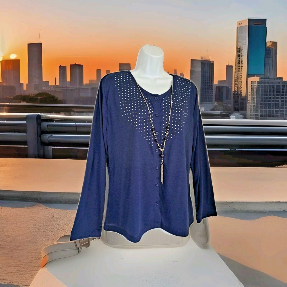 Karen Brooks Blouse‎ L Navy Blue 2 Fer Long Sleeve Rhinestone Removable Necklace